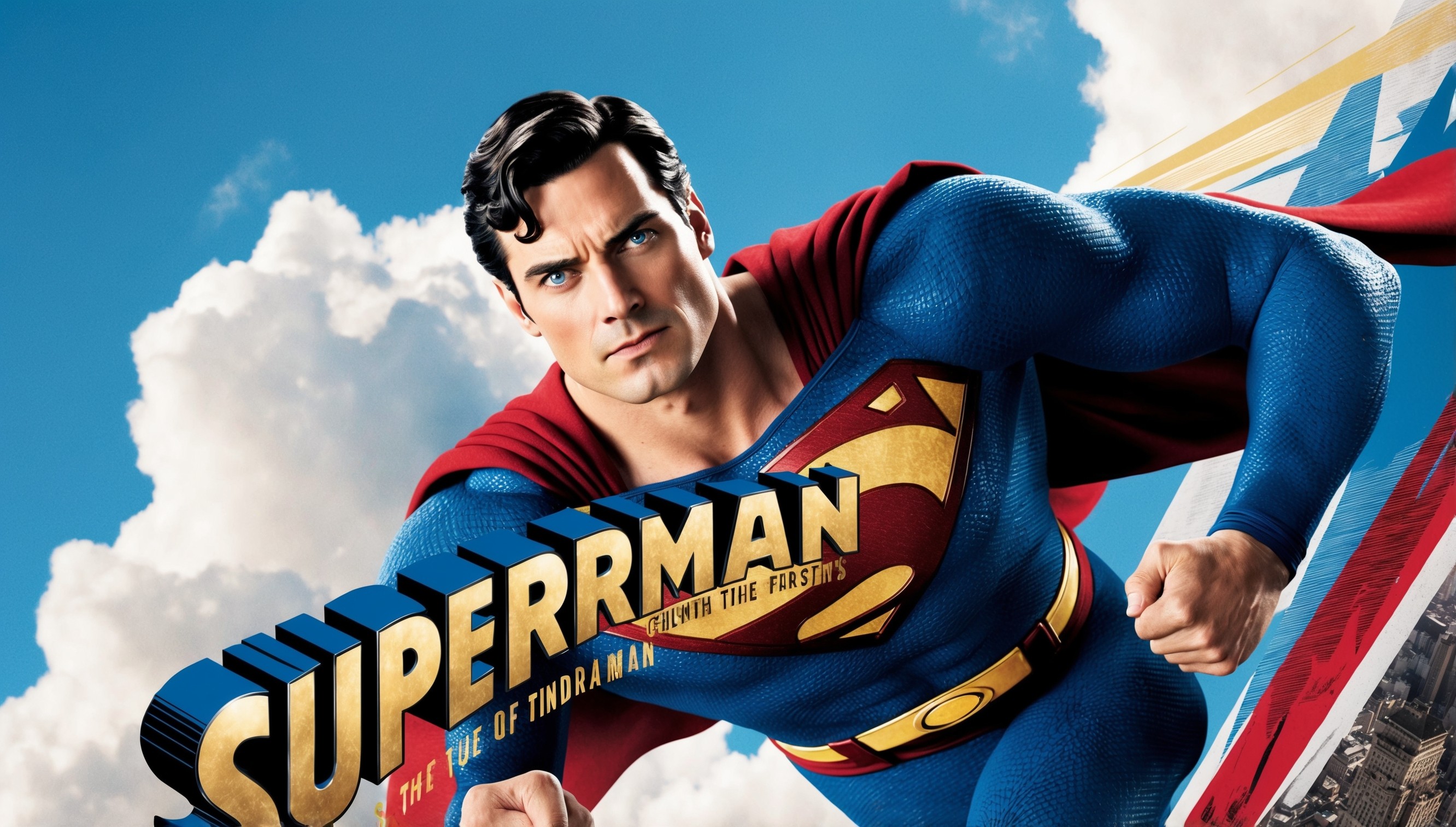 A cinematic poster featuring the iconic superhero Superman, posed valiantly against a bright blue sky with fluffy white clouds, wearing his signature blue, red, and yellow costume, complete with a golden belt and cape flowing in the wind, his facial features chiseled and strong, with piercing blue eyes and a determined expression, set against a bold, dynamic background with subtle hints of Metropolis' cityscape, incorporating vintage-inspired design elements and bold typography, with the title 