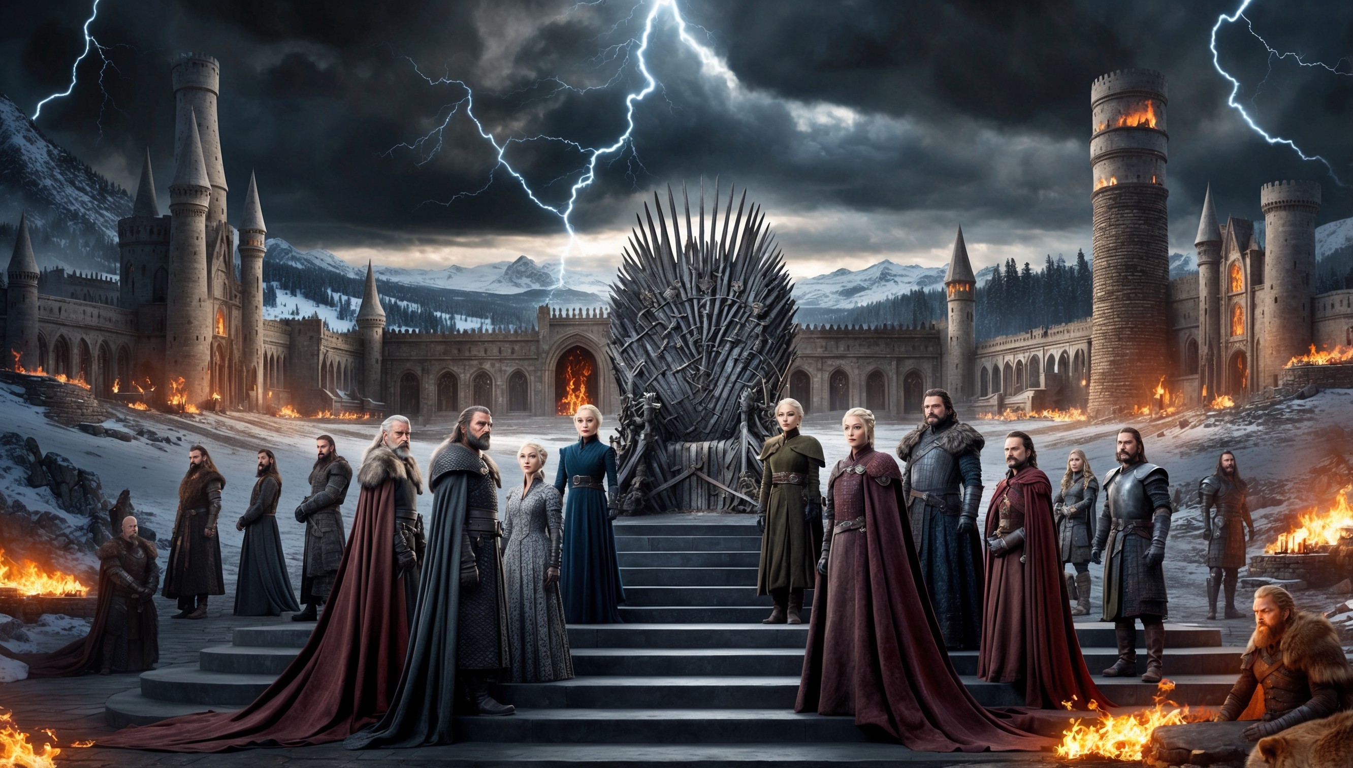 A sprawling, epic landscape depicting the fictional world of Westeros, featuring iconic characters from the Game of Thrones series, set against a dramatic, ominous sky with dark clouds and flashes of lightning, with the Iron Throne prominently centered, surrounded by majestic architecture inspired by medieval Europe, with intricate stone carvings, grand halls, and towering spires, lit by flickering torches and roaring fires, with hints of snow-capped mountains and mystical forests in the distance, as the Seven Kingdoms' most powerful figures, including Daenerys Targaryen, Jon Snow, Cersei Lannister, and Tyrion Lannister, stand poised, Frozen in a moment of tension, their faces etched with determination, worry, and cunning, their attire reflecting their unique personalities and allegiances, with a rich color palette dominated by earthy tones, gold accents, and crimson reds.